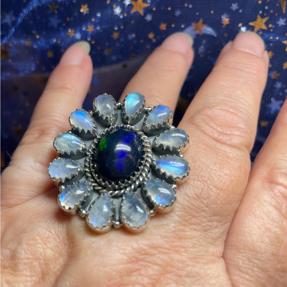 Statement piece black opal moonstone ring sterling silver.